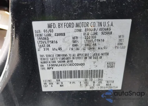 2003 Ford Excursion Limited from USA, damaged, VIN 1FMNU43S13ED20400